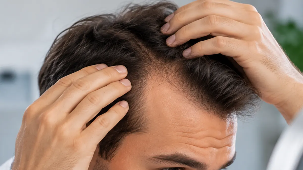 Finasteride Nedir? Saç Dökülmesine Etkisi, Kullanımı ve Yan Etkileri Erkek tipi saç dökülmesi nedeniyle şakak bölgesinde oluşan saç seyrelmesini inceleyen erkek.