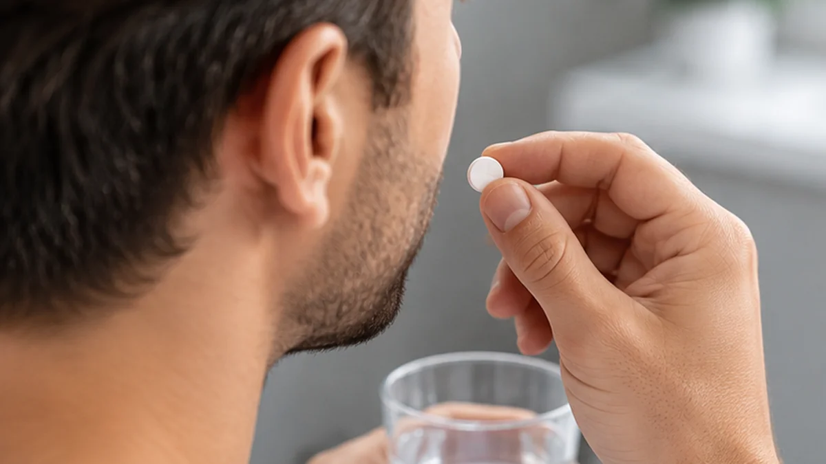 Finasteride Nedir? Saç Dökülmesine Etkisi, Kullanımı ve Yan Etkileri Finasteride tedavisinde ağızdan tablet kullanımını temsil eden, ilaç ve su bardağı tutan erkek.