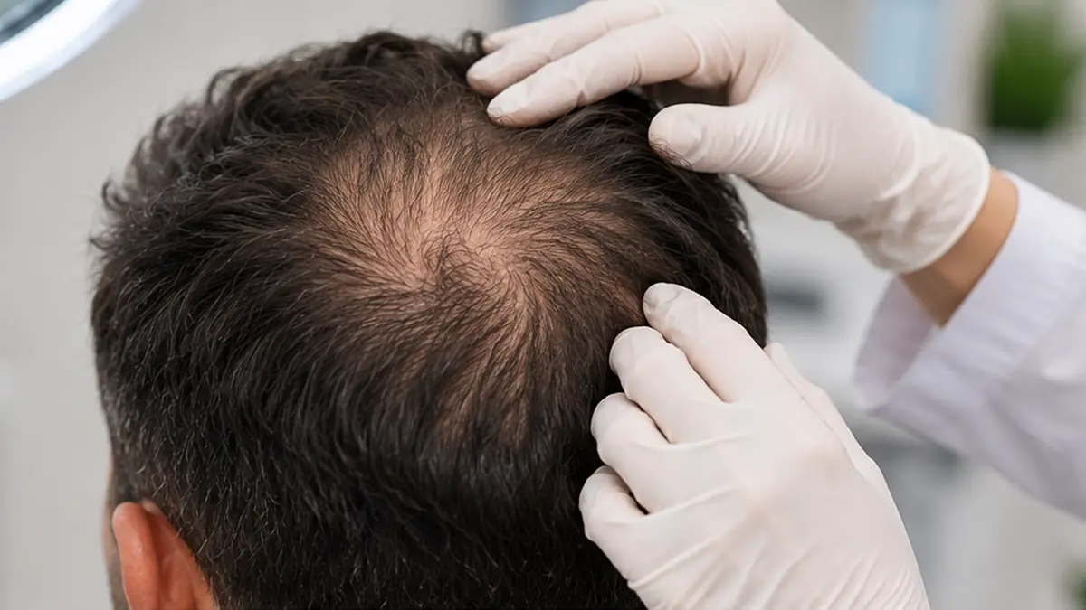Eksozomlar ile Androgenetik Alopesi Tedavi Edilebilir mi? Androgenetik alopesi nedeniyle tepe bölgesinde oluşan saç seyrelmesinin klinik muayenede incelenmesi.